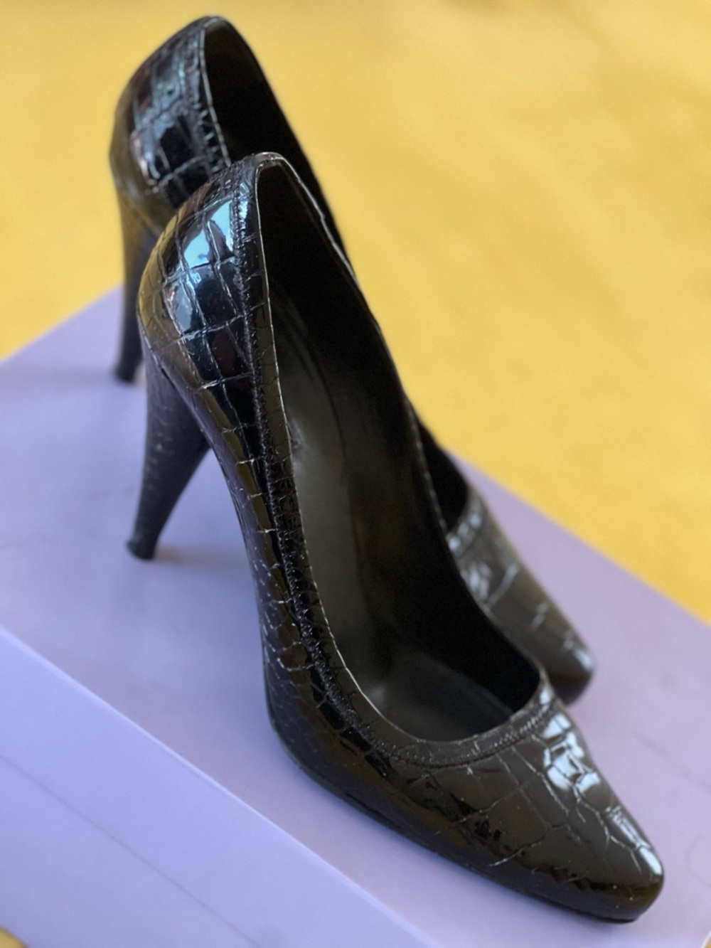 Prada Black Croc-Embossed Patent Leather Pointed Pumps - Picture 6 of 7